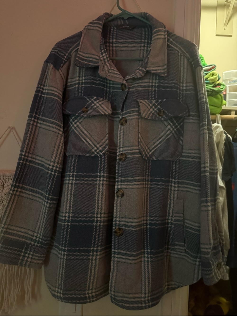 Women's Plaid Utility Shacket Jacket in Blue and Gray